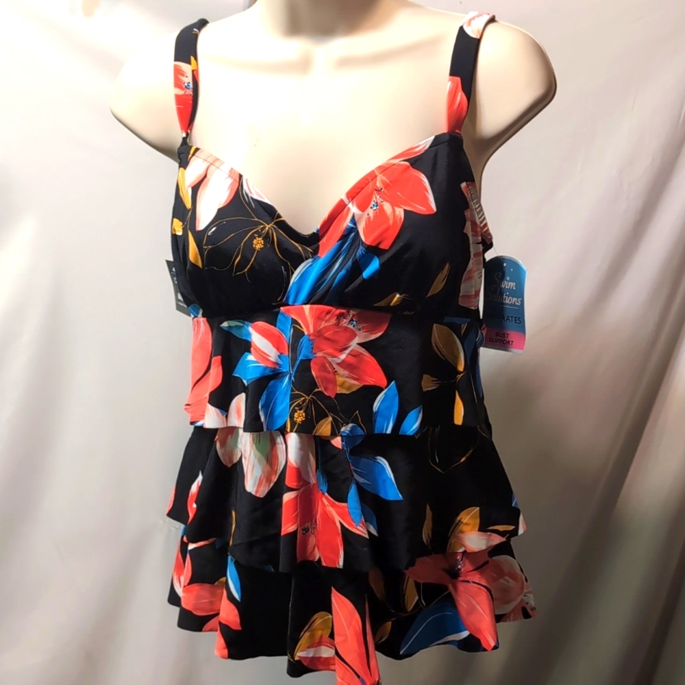 Swim Solutions triple tier floral tiered Tankini top size 8